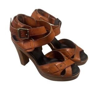 Chloe Leather Heeled‎ Platform Sandals, Ankle Strap Wooden Heels, Size 40